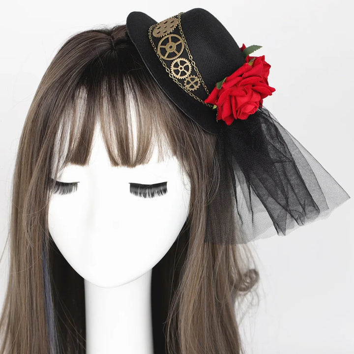 Steampunk Hat With a Veil and Red Roses elegant