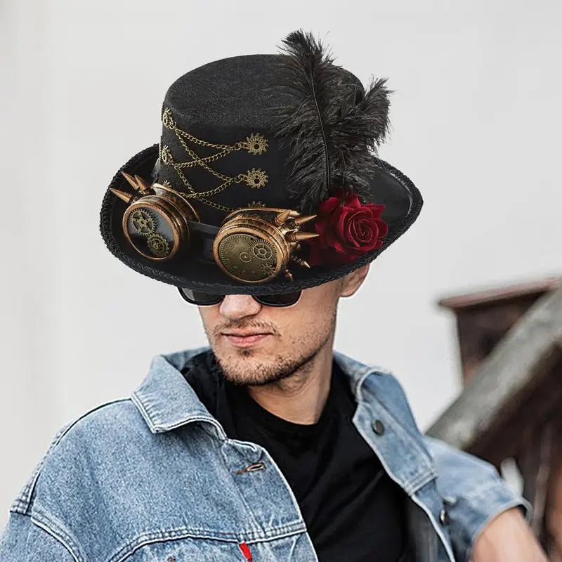 Steampunk Hat with Rose Flower and Feathers Unique