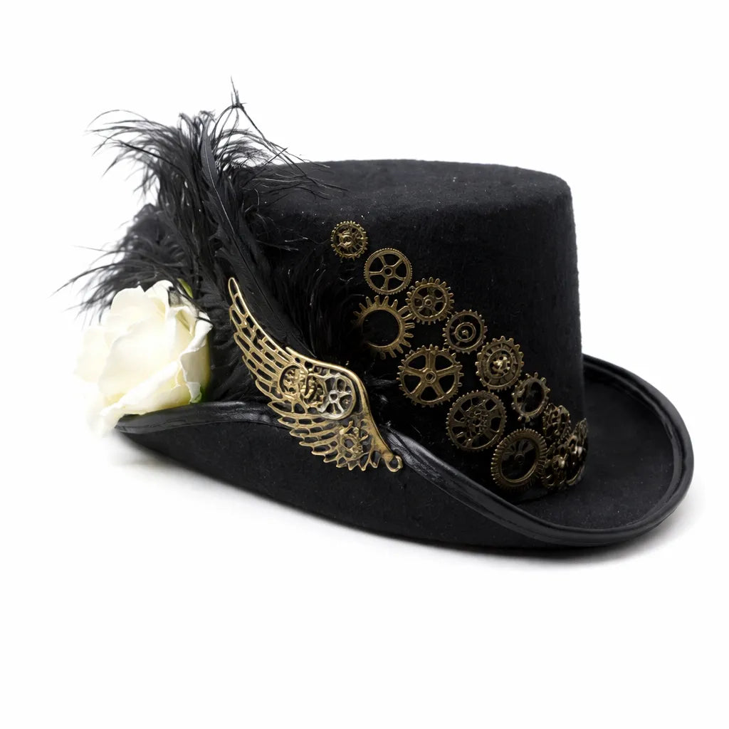 Steampunk Hat with a Rose and Gears White