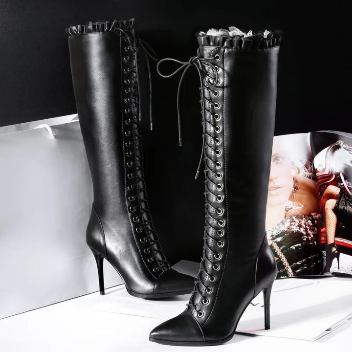Steampunk Lace-Up Boots with Pointed Heels Black