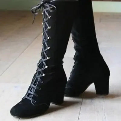 Steampunk Lace-Up Boots with Square Heels Black