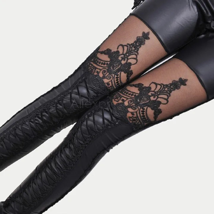 Steampunk Lace-Up Leggings With Patterns Black