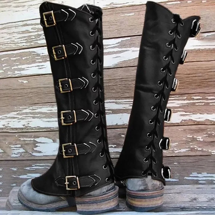 Steampunk Lace-Up Medieval Leg Shoes Cover Armor black