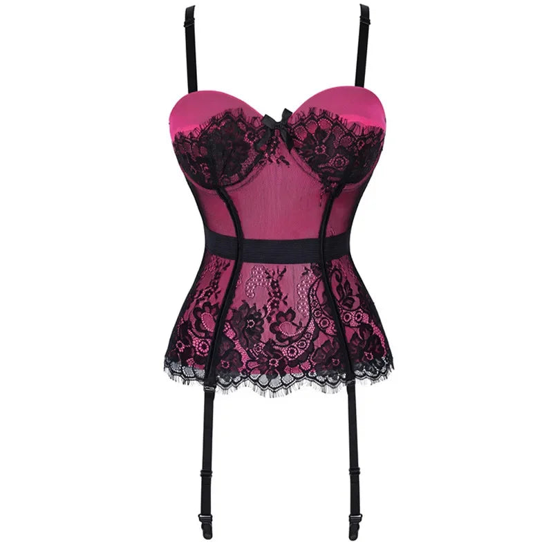 Steampunk Lace Corset Lingerie with Garter Belt Pink
