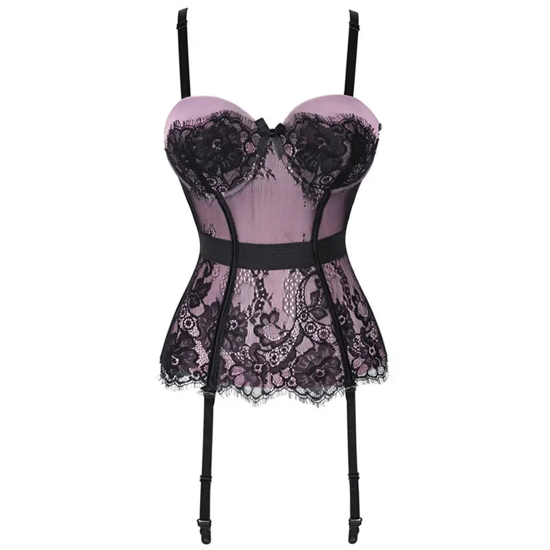 Steampunk Lace Corset Lingerie with Garter Belt Purple