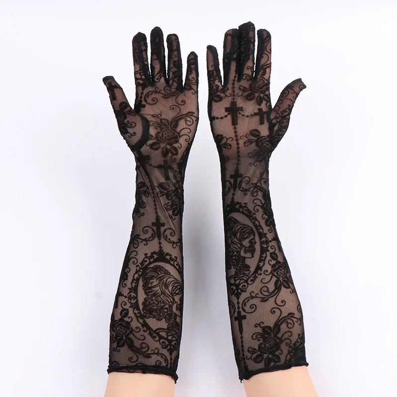 Steampunk Lace Gloves with Crosses 41 cm