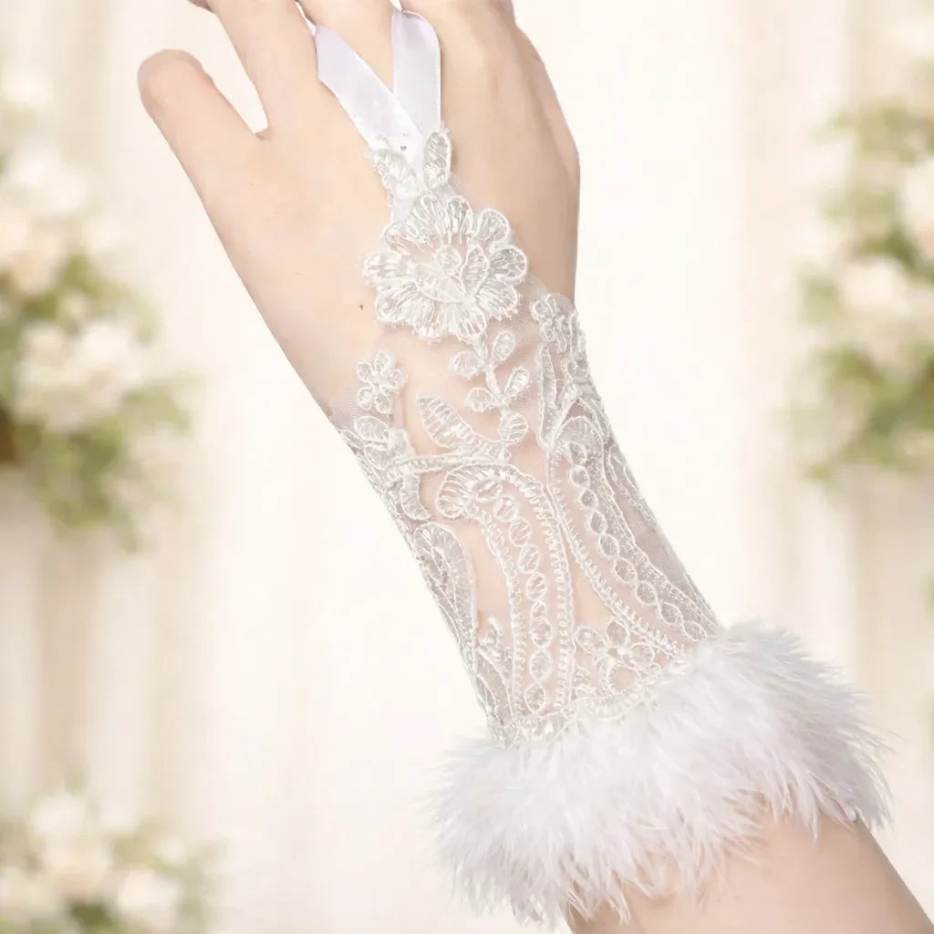 Steampunk Lace Gloves with Feathers 