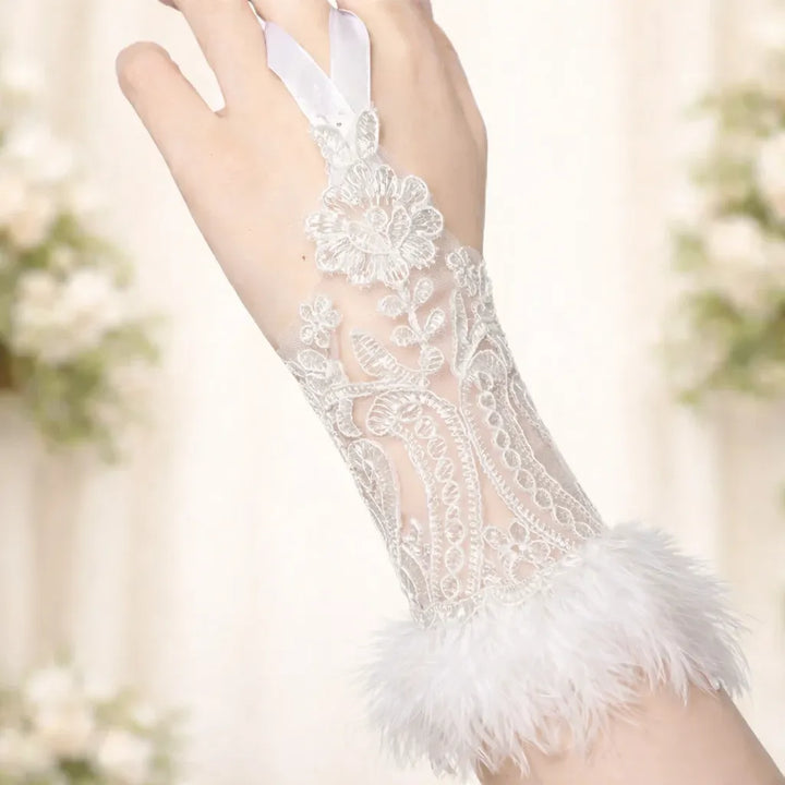 Steampunk Lace Gloves with Feathers 