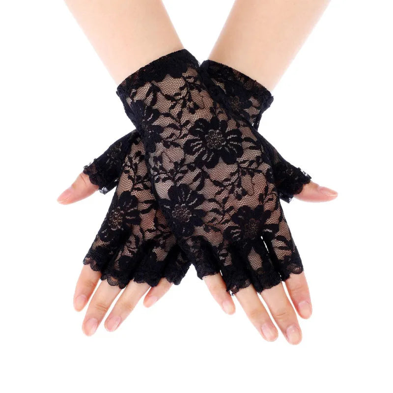 Steampunk Lace Half Gloves Black