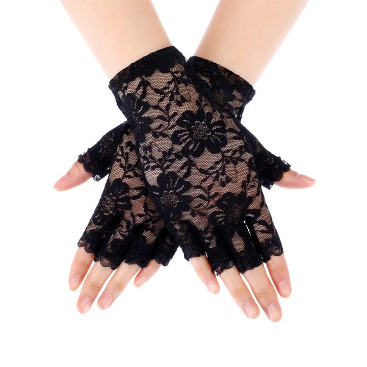 Steampunk Lace Half Gloves Black