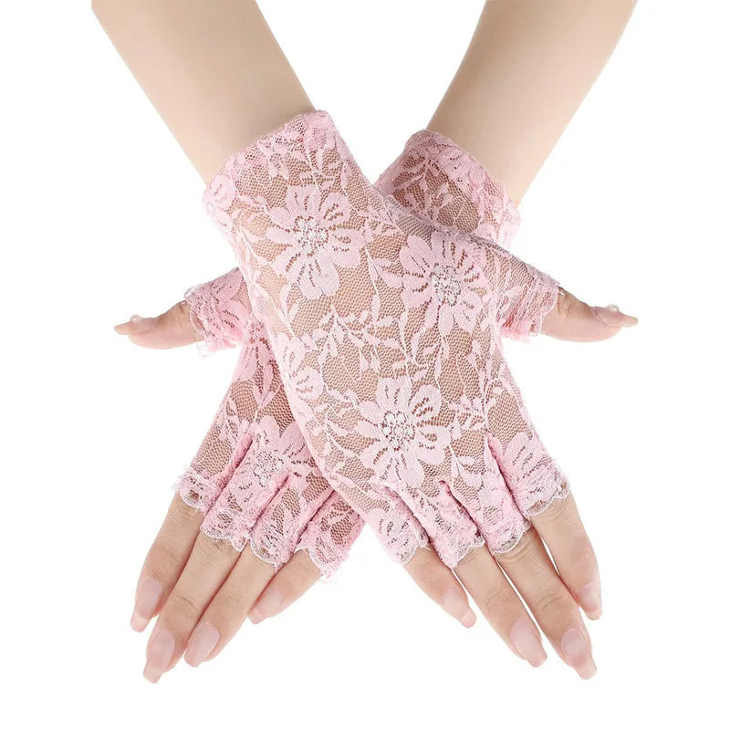 Steampunk Lace Half Gloves Pink