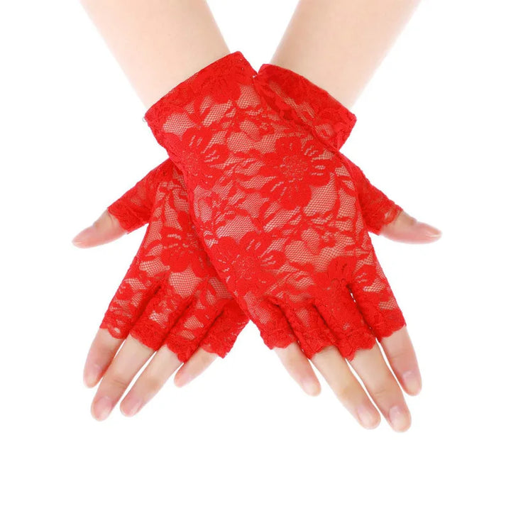 Steampunk Lace Half Gloves Red