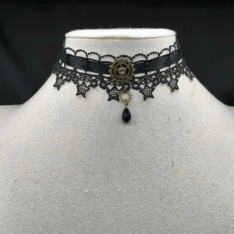Steampunk Lace Necklace With Gear unique