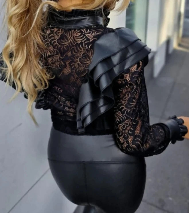 Steampunk Lace Shirt With Leather Ruffles chic