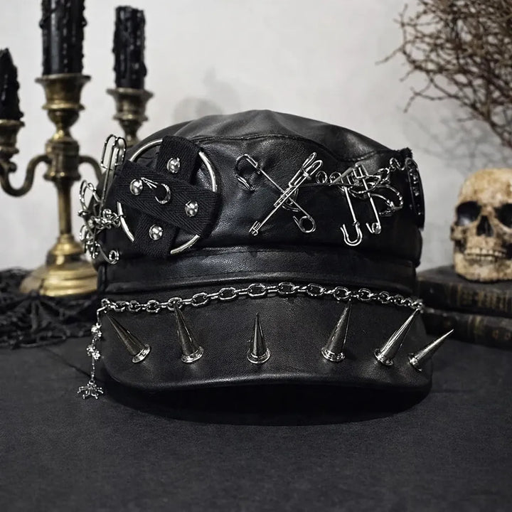 Steampunk Leather Beret with Rivets Design