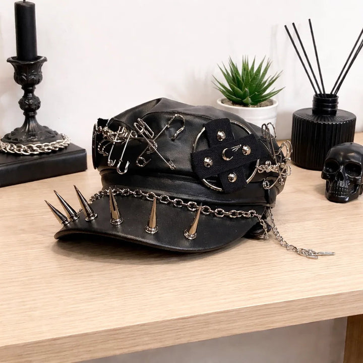 Steampunk Leather Beret with Rivets Stylish