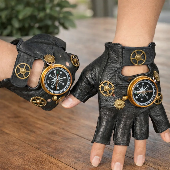 Steampunk Leather Gloves with Compass