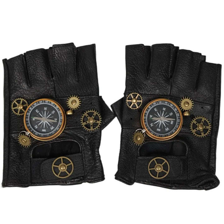 Steampunk Leather Gloves with Compass Gold