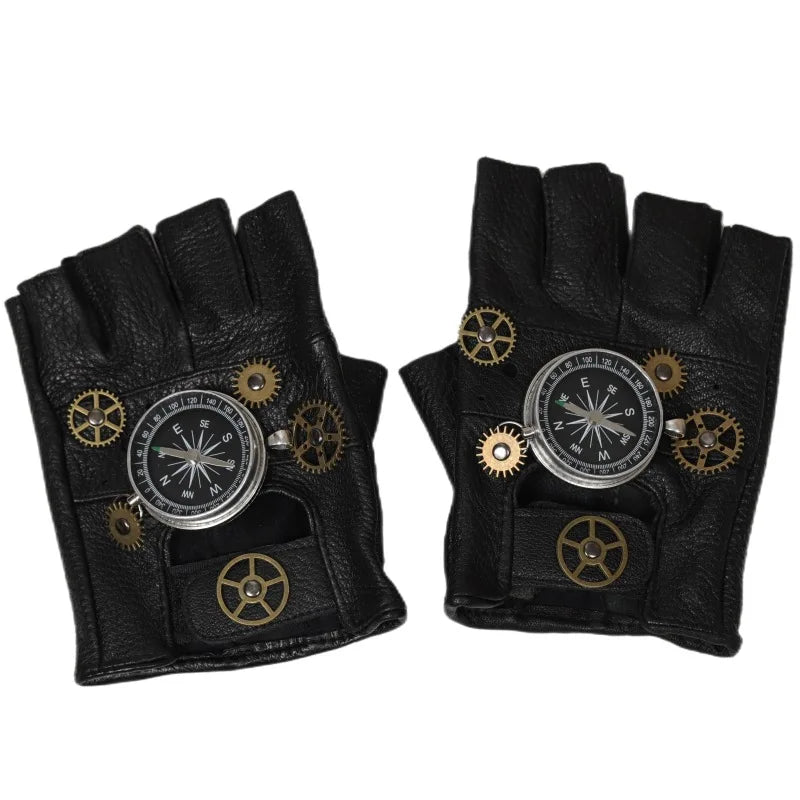Steampunk Leather Gloves with Compass Silver