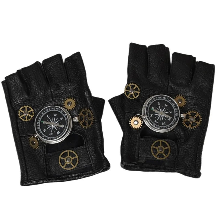 Steampunk Leather Gloves with Compass Silver