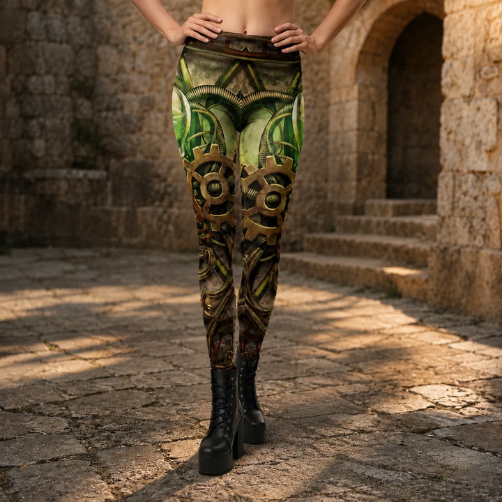 Steampunk Leggings with Metallic Gear Print
