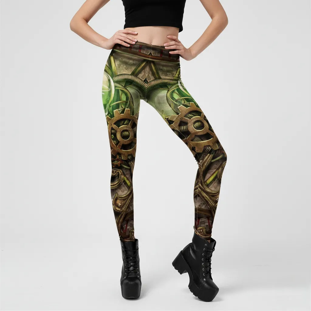 Steampunk Leggings with Metallic Gear Print