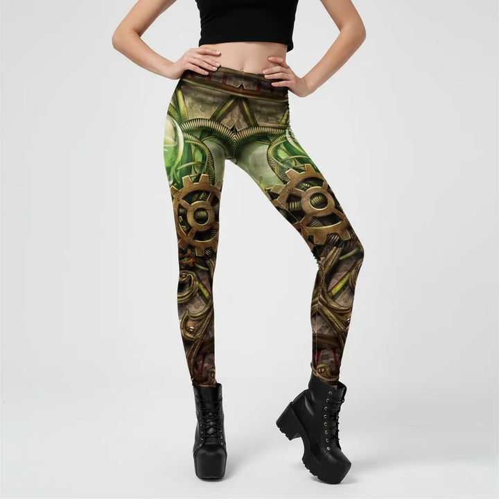 Steampunk Leggings with Metallic Gear Print