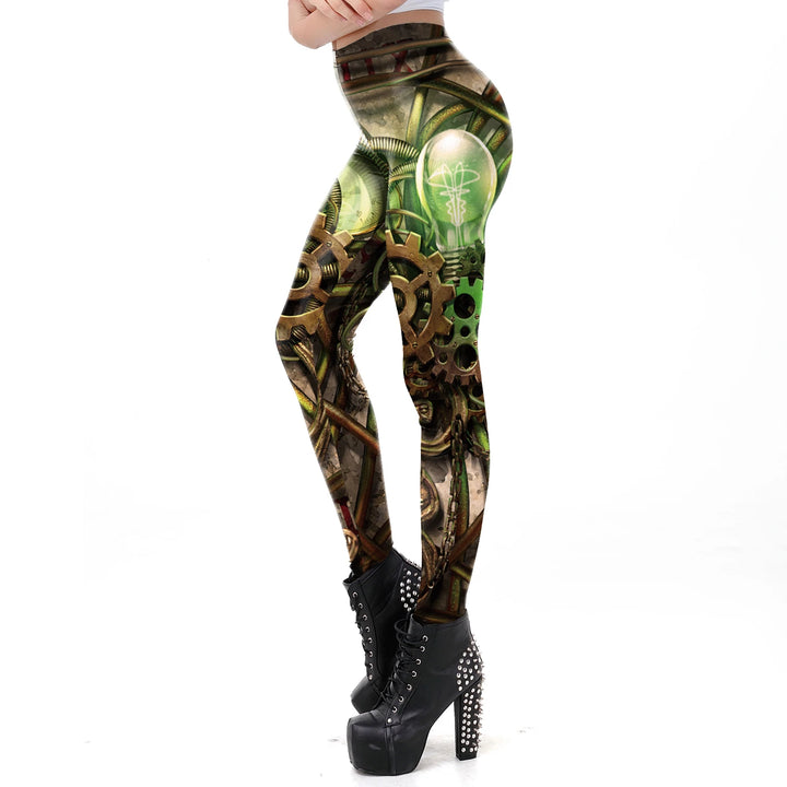 Steampunk Leggings with Metallic Gear Print Design