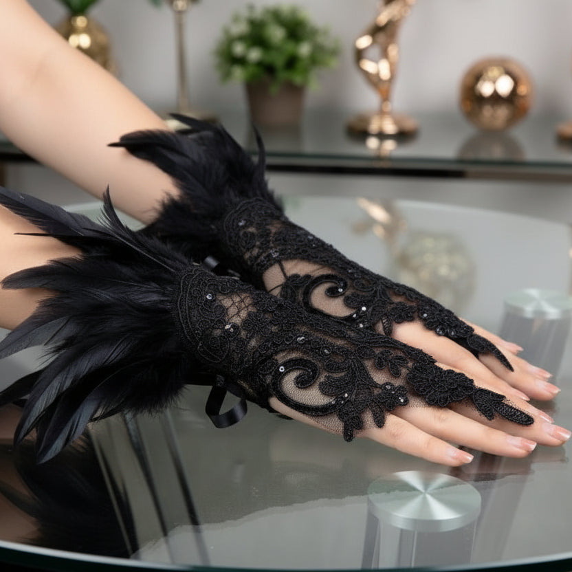 Steampunk Lolita Lace Gloves with Feathers