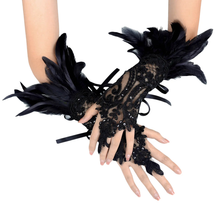 Steampunk Lolita Lace Gloves with Feathers Black