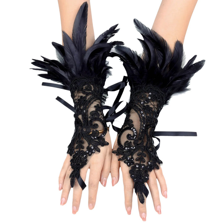 Steampunk Lolita Lace Gloves with Feathers Design