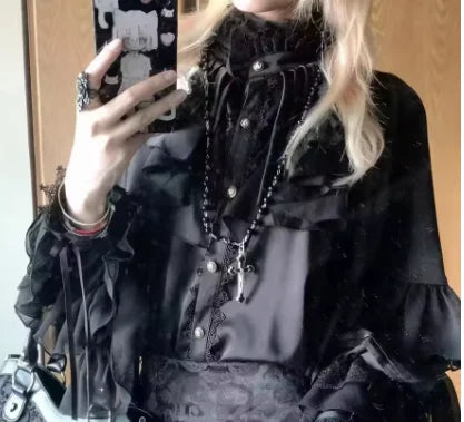 Steampunk Lolita Shirt with Ruffled Sleeves Black