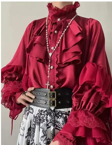 Steampunk Lolita Shirt with Ruffled Sleeves Red