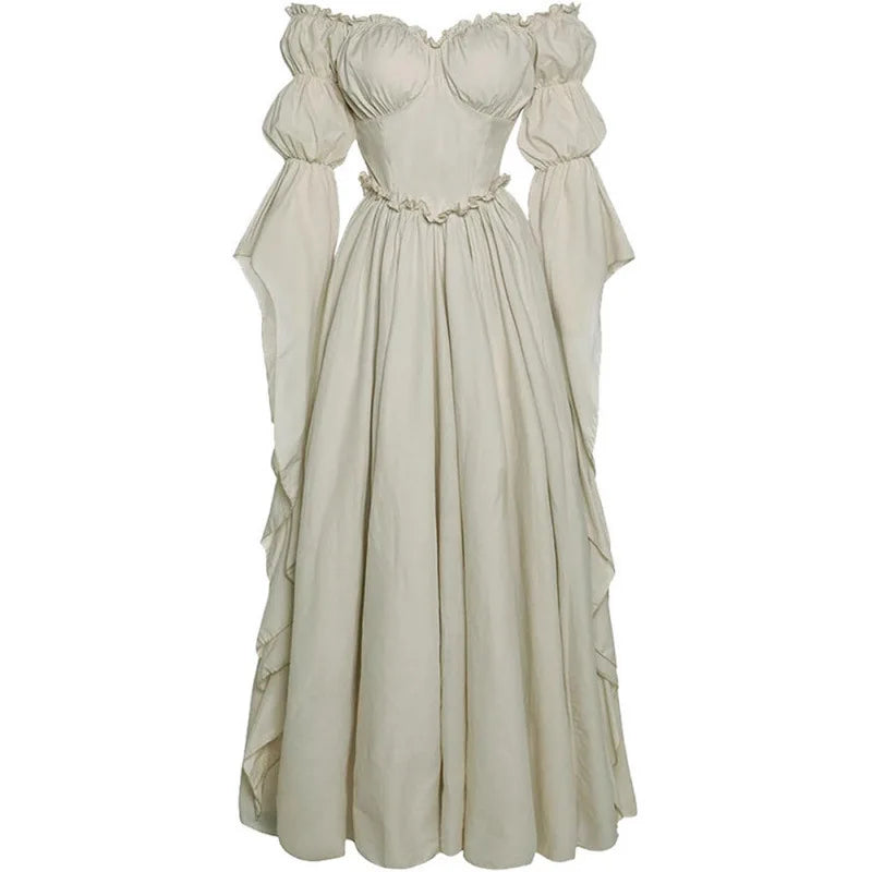 Steampunk Maxi Dress with Puff Sleeve Beige
