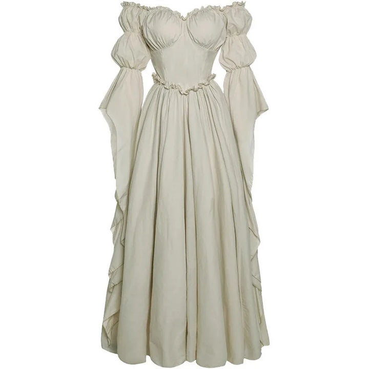 Steampunk Maxi Dress with Puff Sleeve Beige