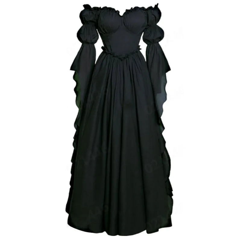 Steampunk Maxi Dress with Puff Sleeve Black 