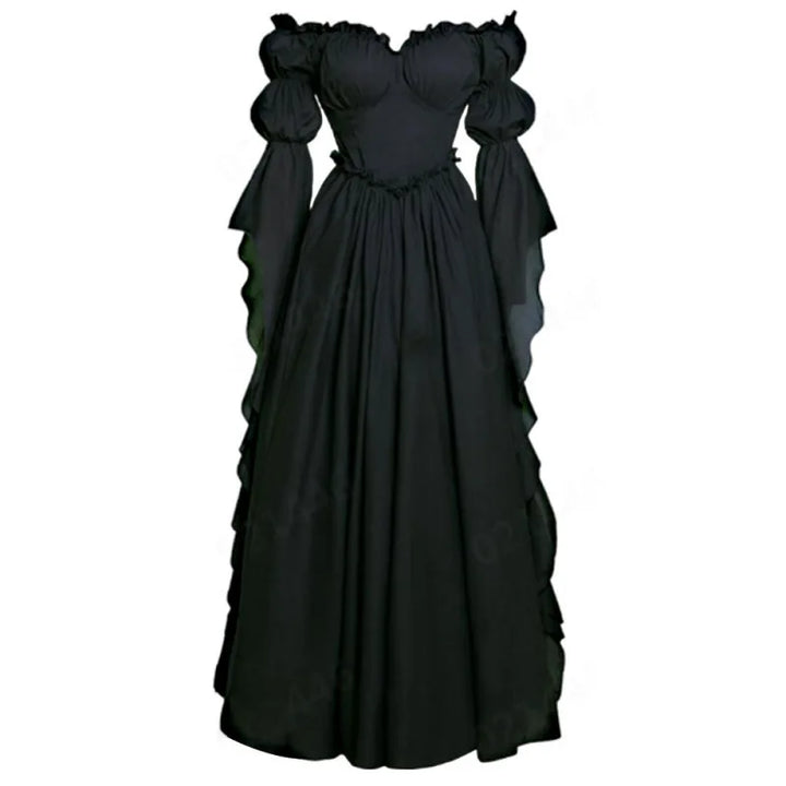 Steampunk Maxi Dress with Puff Sleeve Black 