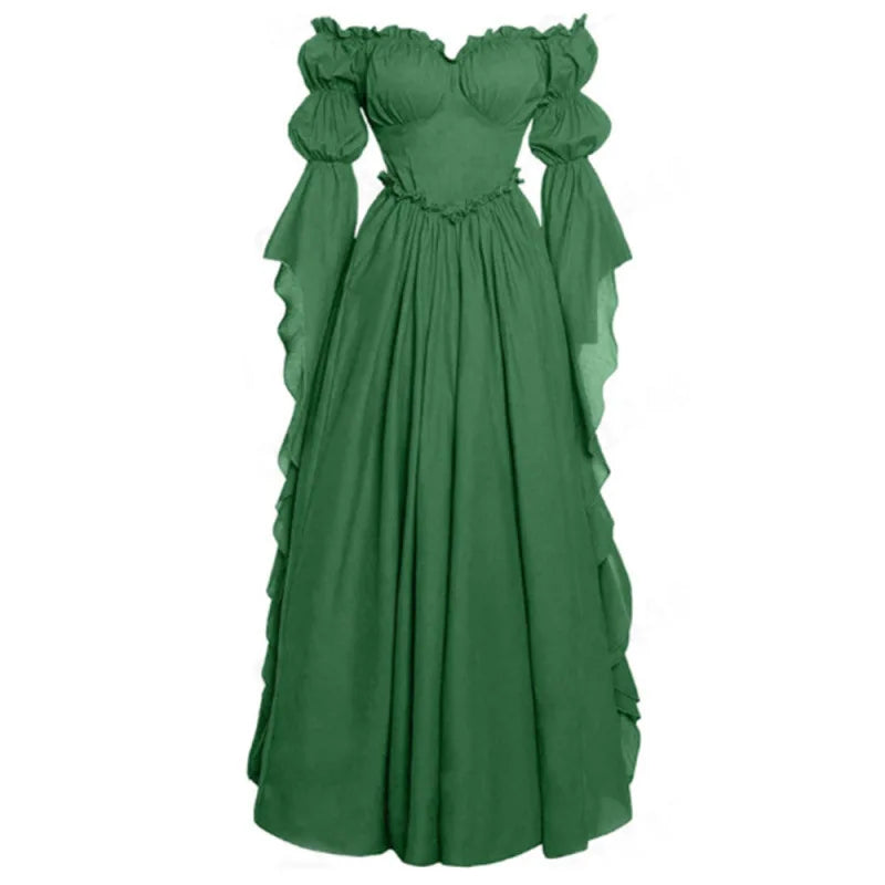 Steampunk Maxi Dress with Puff Sleeve Green