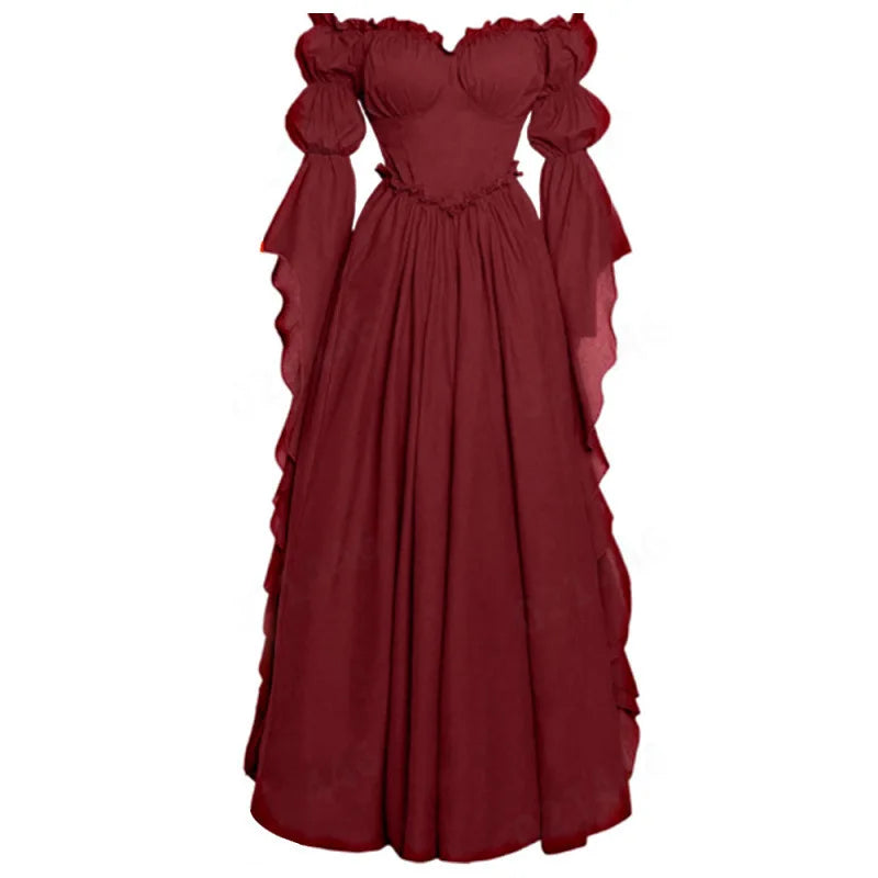 Steampunk Maxi Dress with Puff Sleeve Red