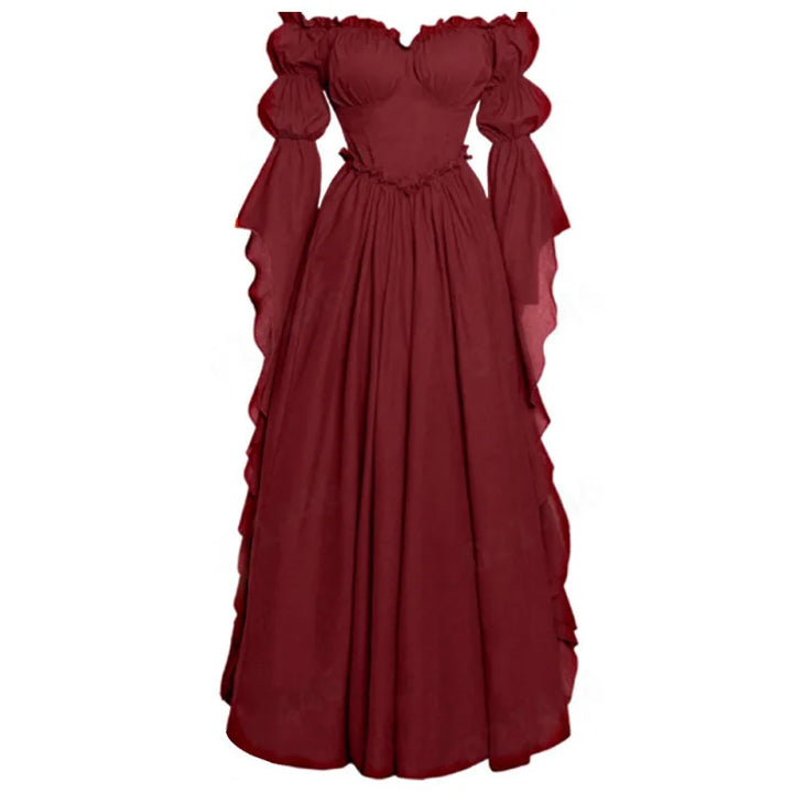 Steampunk Maxi Dress with Puff Sleeve Red