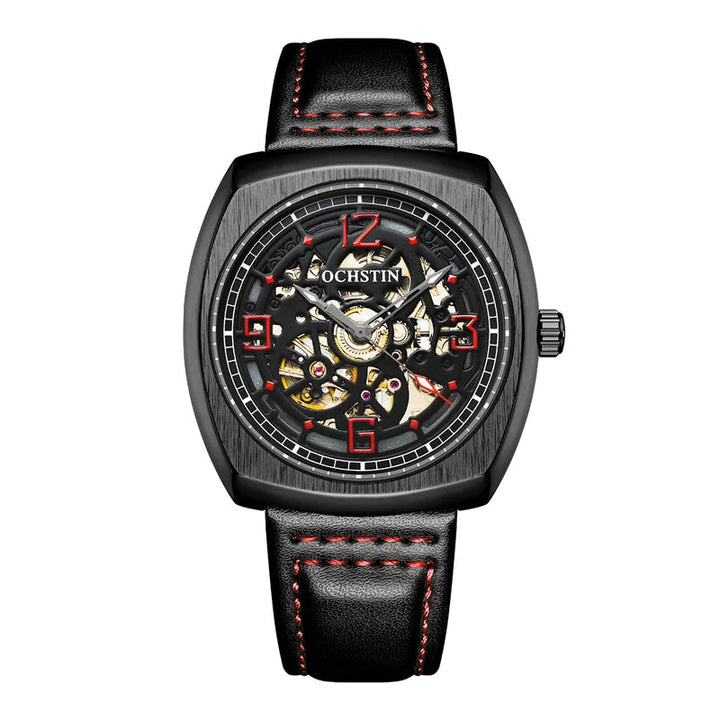 Steampunk Mechanical Leather Wristwatch Black Red