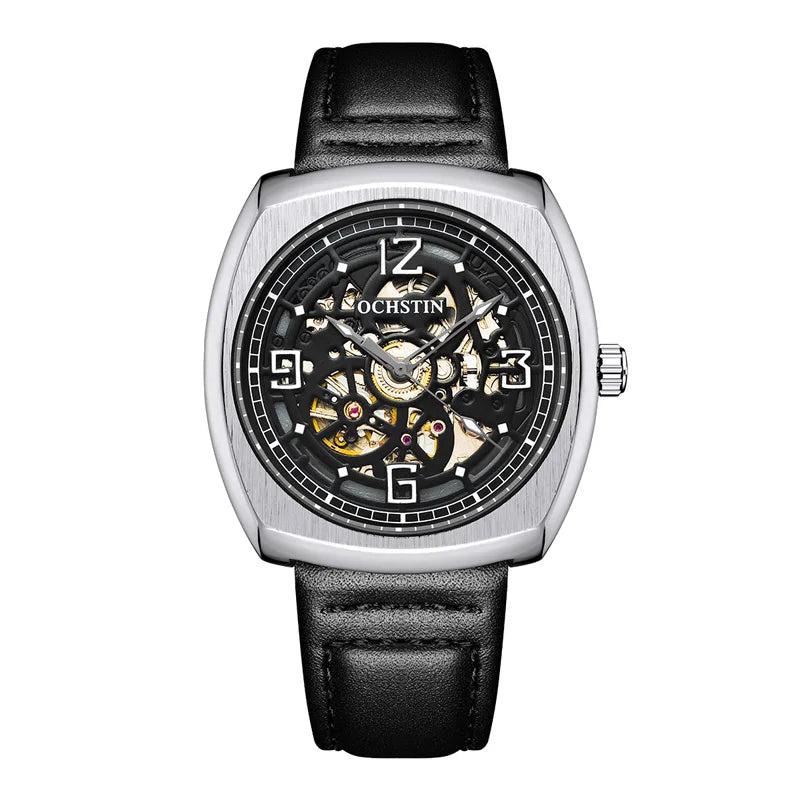Steampunk Mechanical Leather Wristwatch Black White