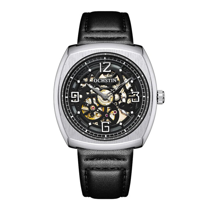 Steampunk Mechanical Leather Wristwatch Black White