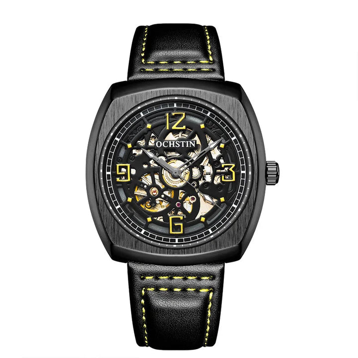 Steampunk Mechanical Leather Wristwatch Black Yellow