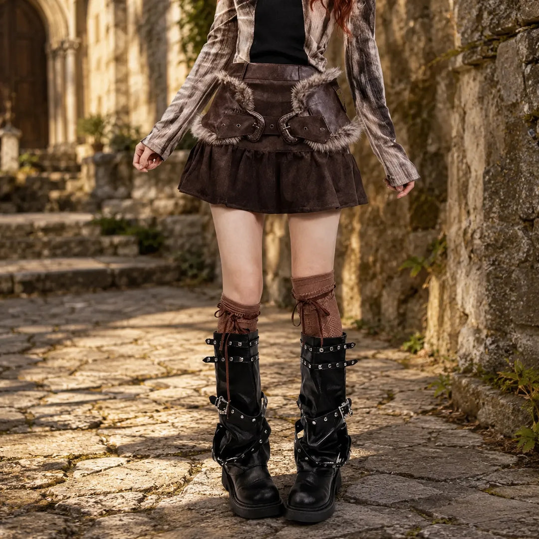 Steampunk Mini Skirt With Faux Fur Belt