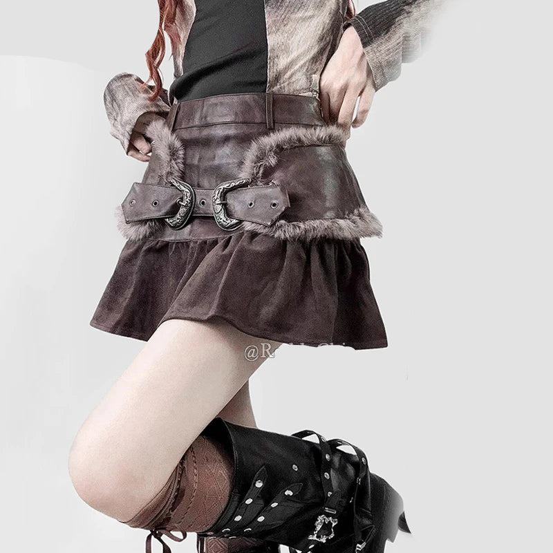 Steampunk Mini Skirt With Faux Fur Belt edgy