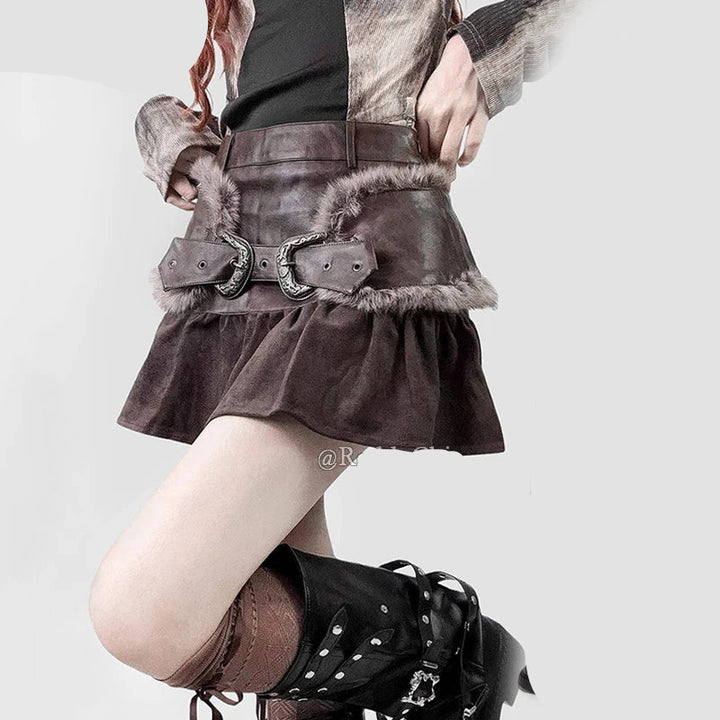 Steampunk Mini Skirt With Faux Fur Belt edgy