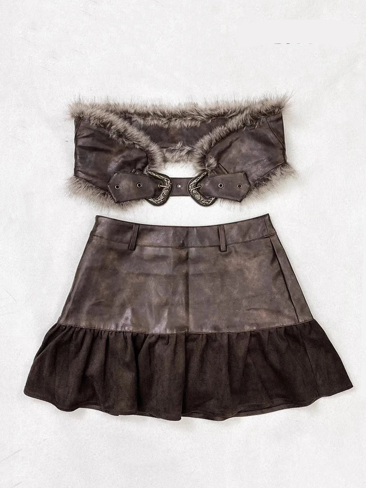 Steampunk Mini Skirt With Faux Fur Belt stylish