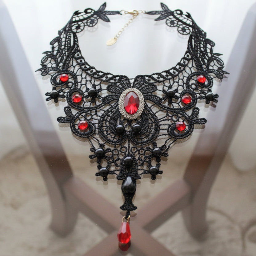 Steampunk Necklace With Red Pearls And Lace