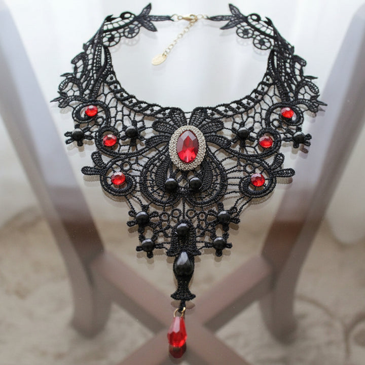 Steampunk Necklace With Red Pearls And Lace